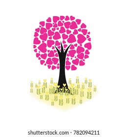 Vector, love tree with heart shape leaves in pink color and grass flowers in yellow color. Valentine's day concept. Love and happiness elements,Idea for card, background,wallpaper, arts, decoration,
