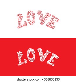 Vector Love word made of lace. Hand drawn lettering. Wedding invitation design.White and red