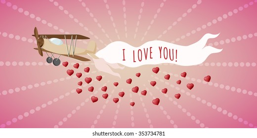 Vector I LOVE YOU banner for valentine's day. Plane holding ribbon and spreading the hearts