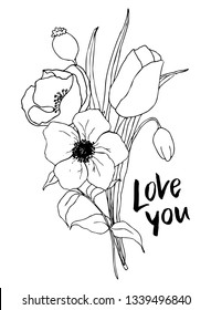 Vector Love you card with greenery and anemone bouquet. Hand painted flowers and berries with eucalyptus leaves and branch isolated on white background for design, print or fabric
