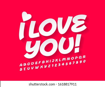 Vector I love you Greeting Card for Saint Valentines Day. White funny Font. Cute Alphabet Letters and Numbers. 