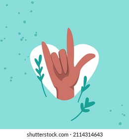 Vector I love you hand sign with heart design. Creative valentine’s day card with inclusive hand, heart and branches element design.