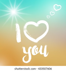 Vector I love you template on colorful background. Template with white text and big heart illustration. I love you template on blurred background with highlights. Love text and hearts with sparkles.