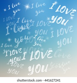 Vector I love you template on colorful background. Template with text with various size and opacity. I love you template on blurred background with highlights. Love text with sparkles.