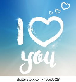 Vector I love you template on colorful background. Template with white text and big heart illustration. I love you template on blurred background with highlights. Love text and hearts with sparkles.
