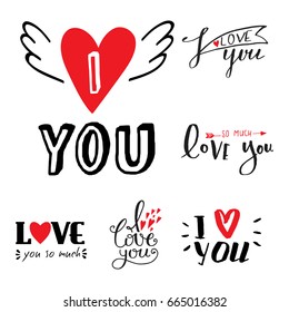 Vector I love You text overlays hand drawn lettering collection inspirational lover quote illustration.