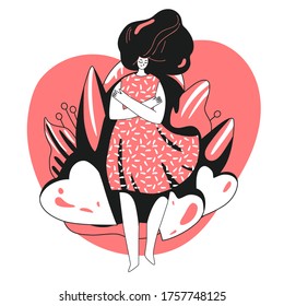 Vector Love yourself and take care of yourself concept. Girl, hugging herself with big love heart. Girl Healthcare Skincare illustration about Take time for your self.