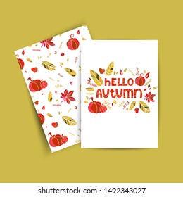 Vector lovely autumn card with pumpkins, leaves and with the hand draw text Hello autumn, and colorfull back side. Perfect for greeting cards, postcards, t-shirt design and other.