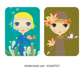 vector lovely big eye dolls in seasonal theme dressed up.
