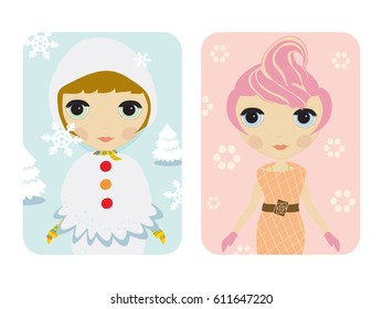 vector lovely big eye dolls in seasonal theme dressed up.