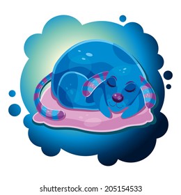 Vector lovely blue cartoon dog sleeping on the pillow 
