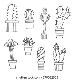 Vector lovely cartoon cacti and plants in pots, hand drawn flowers.