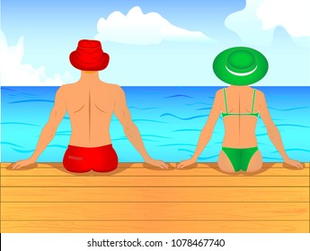 Vector of lovely couple of man and wooman in swimming clothes sitting its backs on wooden pier on the sea shore under horizon.