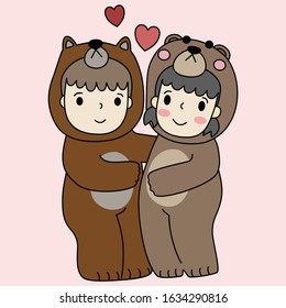 vector of lovely cute happy bear couple costume on Valentine's day design, full of red heart with love festival. it's romantic background vector illustration paper art style