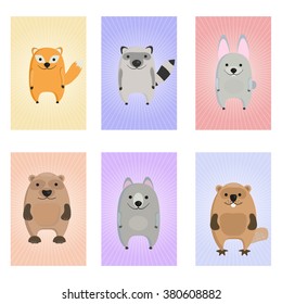 Vector lovely cute illustration with baby fox, raccoon, rabbit, bear,wolf and beaver. Educational cards for kids Vector illustration. 