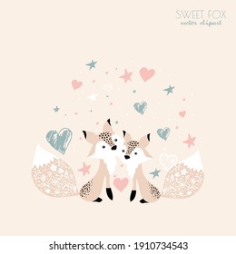 Vector adorable linda ilustración con zorros y flores por ahí.
