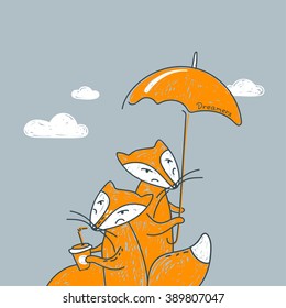 Vector lovely cute illustration with foxes. Dreamers. Daily adventure. Minimalistic postcard.