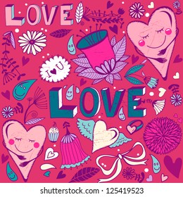Vector lovely cute seamless pattern with sweet hearts/ purple.