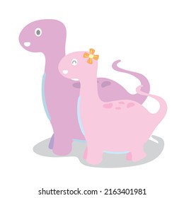 Vector lovely Dino couple walking together on white background. Purple and pink Dino lover. Single pattern with hand-drawn child-style arts.