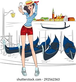 Vector Lovely fashion girl makes selfie, she is  in the hat and striped shirt like Gondolier on a Venice background in sketch-style 