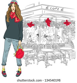 Vector Lovely fashion girl in sketch-style on the background of the Parisian cafe