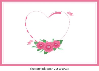 Vector - Lovely frame or border. Pink rose with mini bird on heart shape. Can be use for invitation card, poster, banner. Valentine's, Mother, birthday, wedding concept.