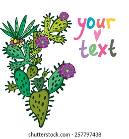 Vector lovely illustration of cacti and flowers. Sweet template for your design.