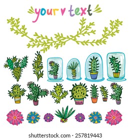 Vector lovely illustration of cacti and flowers. Sweet template for your design.