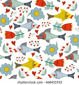 Vector lovely pattern of fishes, graphic elements and flowers in a folk style. 