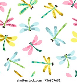 Vector lovely seamless pattern of dragonflies in sweet color palette.