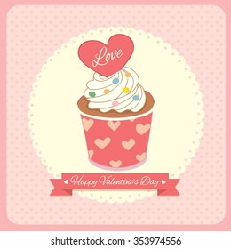 Vector lover cupcake for Valentine's Day.Theme of sweet pink with heart pattern.Bakery cafe shop.