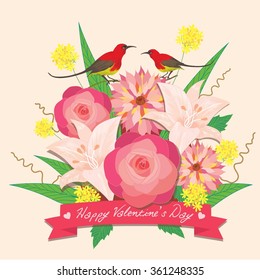 Vector for Lover invitation card.Bouquet of flower and two  birds.