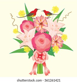 Vector for Lover invitation card.Bouquet of flower and two  birds.