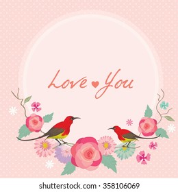 Vector for Lover invitation card.Flower and couple birds decoration around the border frame.