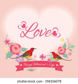 Vector for Lover invitation card.Flower with tow birds and pink ribbon decoration around the border frame.