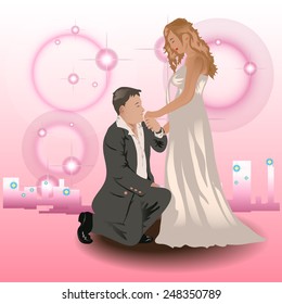 Vector Lovers in city On a pink background.