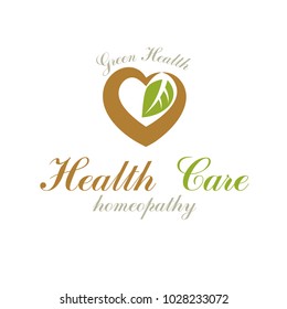 Vector loving heart decorated with green leaves. Wellness center abstract modern logotype can be used in medical and social theme advertisement. Strong heart is good health.