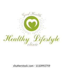 Vector loving heart decorated with green leaves. Wellness center abstract modern logotype can be used in medical and social theme advertisement. Strong heart is good health.