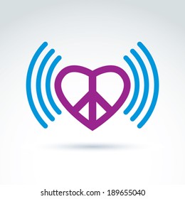 Vector loving heart icon with peace symbol from 60th. Podcast sign on antiwar and love theme isolated on white background.