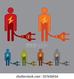 Vector : Low Battery Businessman With Dollar Currency Cash Power Cable Infographics Flat Icon, Sign