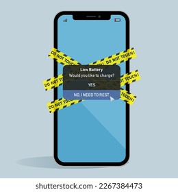 vector low battery concept illustration, do not touch line, low battery notice, social medial detox, flat design digital detox, design no more photo