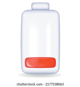 Vector low battery, red level. Glass 3d battery illustration on white background