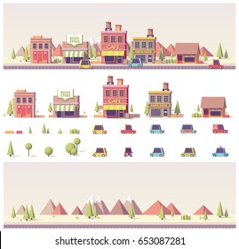 Vector low poly 2d  buildings and city scene game asset