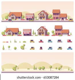 Vector low poly 2d buildings and city scene game asset