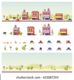 Vector low poly 2d buildings and city scene game asset