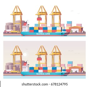 Vector low poly 2d cargo port cranes and container ship