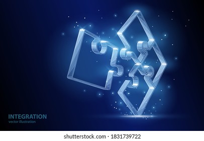 Vector low poly 3d illustration of assembled puzzle on a dark background, symbol of integration, cooperation, unification.