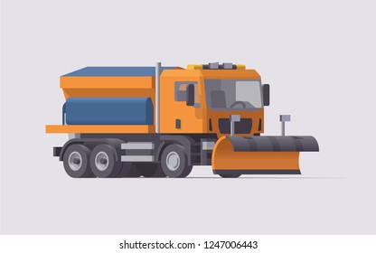 Vector low poly 3d isolated orange european snow plow removal spreader truck