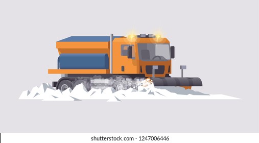 Vector Low Poly 3d Isolated Orange European Snow Plow Removal Spreader Truck Plowing Snow Cleaning Road