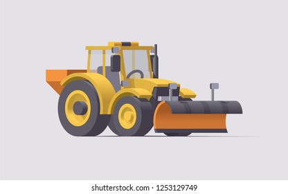 Vector low poly 3d isolated yellow snow plow removal spreader tractor